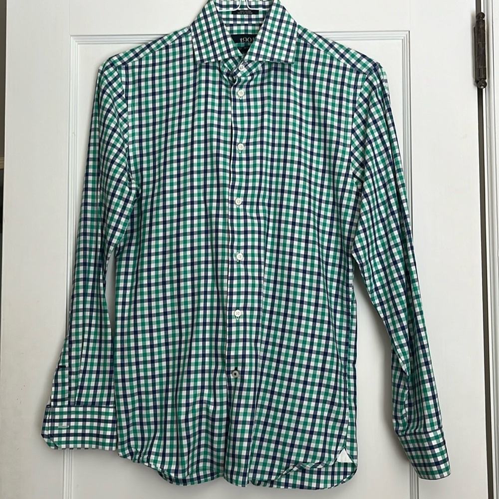 Nordstrom brand 1901 teen button-down dress shirt. Green plaid. Hardly worn.